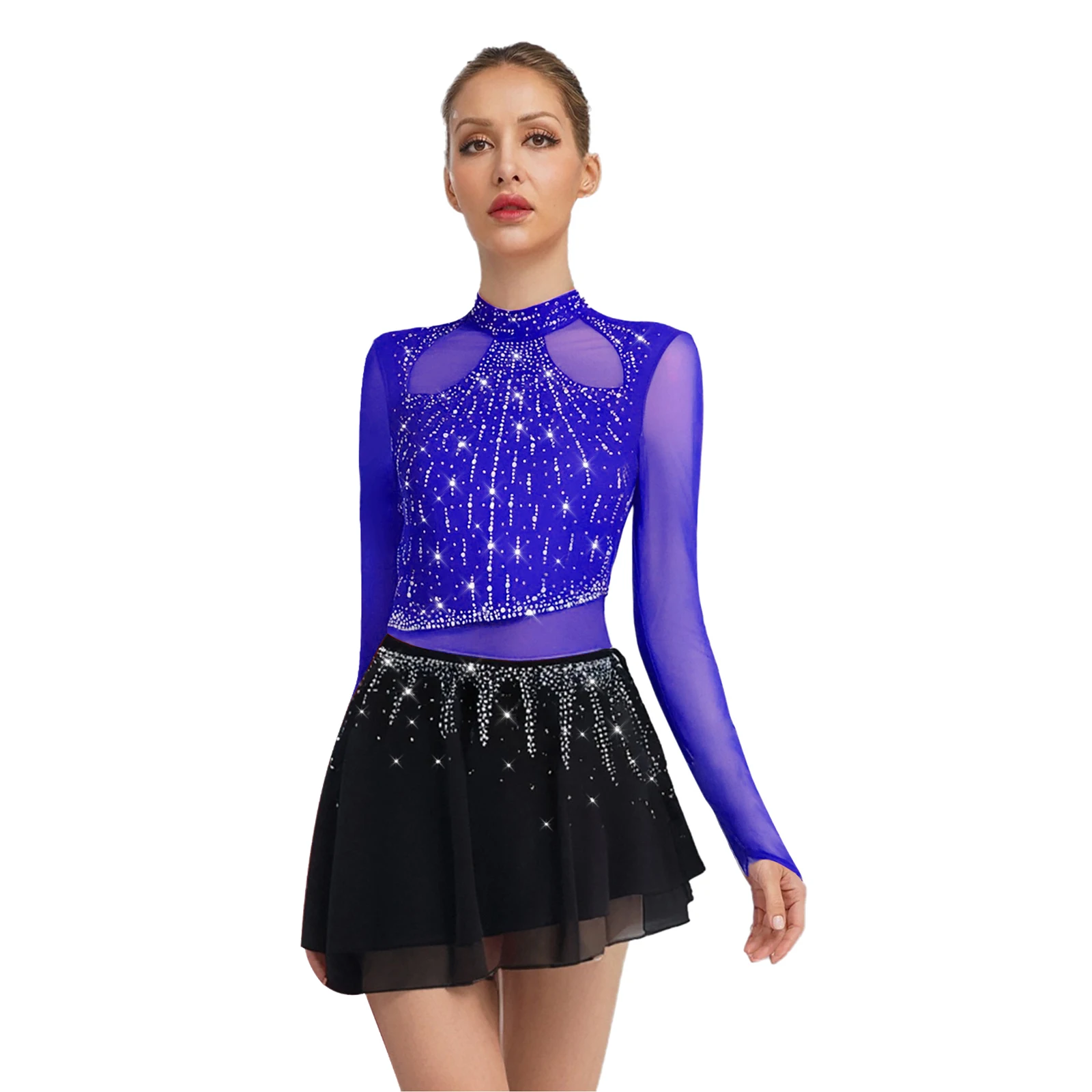 

Womens Lyrcial Dance Jazz Leotard Dress Rhinestone Long Sleeve Chiffon Skirt Bodysuit Dress Figure Skating Modern Dance Costume