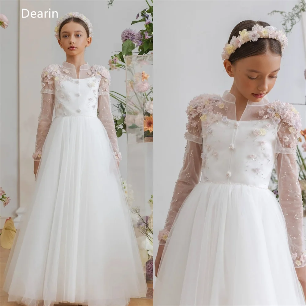 

Customized Formal Gown Dearin Jewel A-line Floor Length Skirts Draped Layered Tulle Applique Flower Girl Dresses Prom Saudi Ara