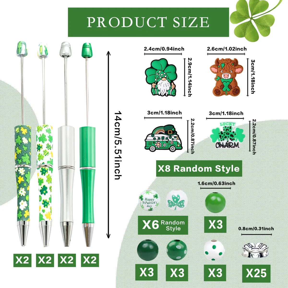 

8PCS Green Spring St. Patrick's Day Clover Theme DIY Bead Ballpoint Pen& Silicone Bead Wood Bead Set, Office&Study Supply