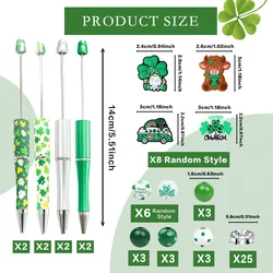 8PCS Green Spring St. Patrick's Day Clover Theme DIY Bead Ballpoint Pen& Silicone Bead Wood Bead Set, Office&Study Supply