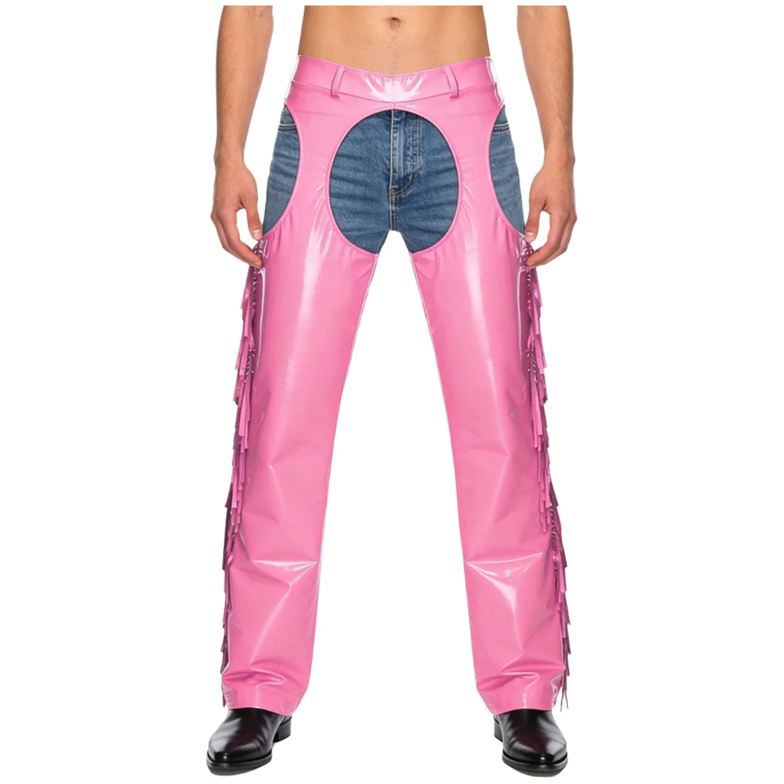 

Мужские глянцевые брюки с открытой промежностью и бедрами, блестящие широкие длинные брюки с кисточками и боковыми швами для ковбойской вечеринки, танцевальной клубной одежды