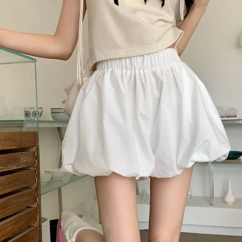 Pantaloncini da donna eleganti boccioli di fiori larghi a trapezio pantaloncini soffici a gamba larga pantaloni lanterna in vita elastica abbigliamento donna stile coreano