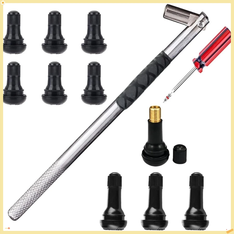Juego de herramientas extractoras de vástago de válvula de neumático: 1 x instalador de vástago de válvula, 10 vástago de válvula de neumático a presión EPDM resistente al latón y al ozono