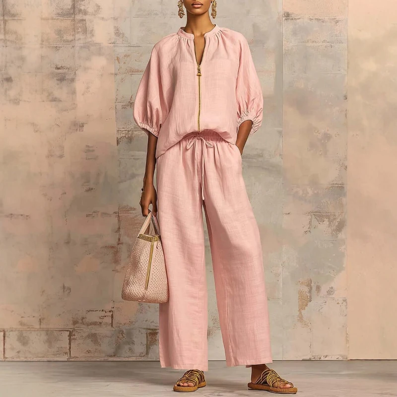 

2026 Summer New Casual Solid Color Loose Zipper Round Neck Jacket and Wide Leg Pants Two-piece Set for Women