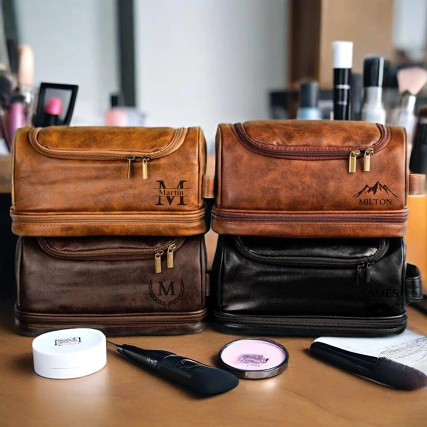 Personalized Large Waterproof Toiletry Bag Leather Cosmetic Organizer with Hanging Hook Travel Shaving Bag for Women & Men