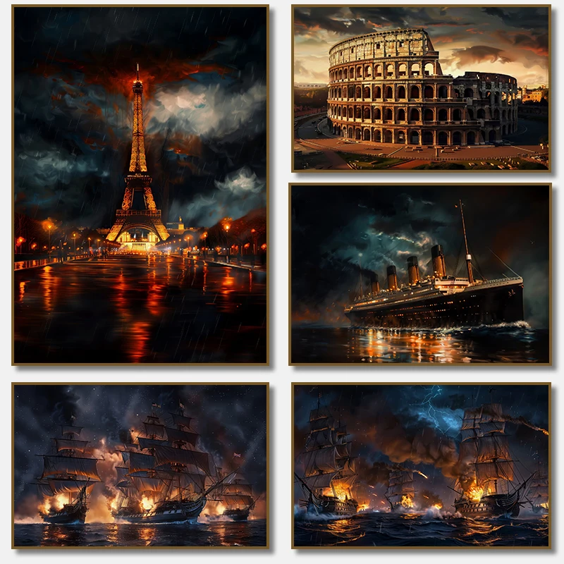 Colosseum Eiffel Tower Titanic Sea Boat Canvas Painting Poster Wall Art Picture Print for Living Room Home Decor Cuadros