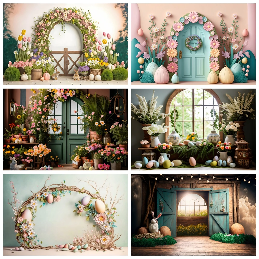 

Spring Easter Photography Backdrop Bunny Garden Floral Colorful Eggs Rabbit Flower Easter Baby Birthday Background Photo Studio