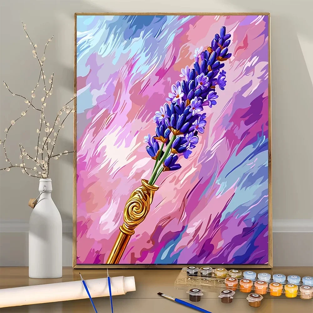 Kit de pintura Digital acrílica DIY con cetro dorado y lavanda de Color de ensueño para principiantes, decoración de pared del hogar no incluida, sin marco