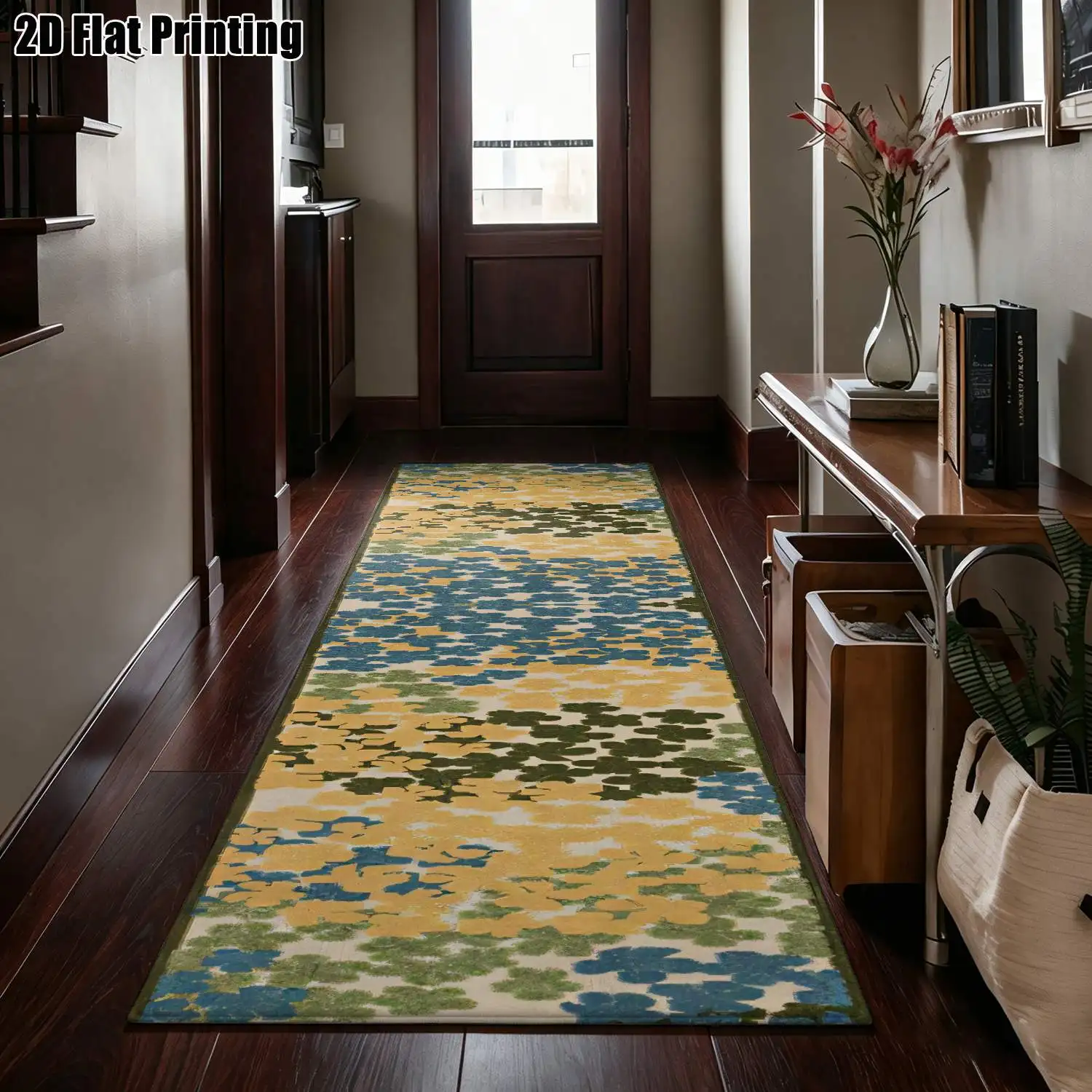 1Pc 2D Printed Long Strip Runner Carpet: Blue-Yellow Geometric Cloud Patterns, Nordic/Instagram/Modern Minimalist/Vintage Style, Machine Washable, Multi-Size, Perfect for Entryway, Hallway, Living Room, Bedroom Decor