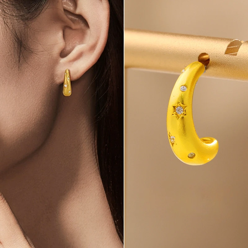 

Pure Kt18 Gold Color BSix Pointed Star Earrings for Women Female Gold Color Fine Earring Women's Jewelry Not Fade