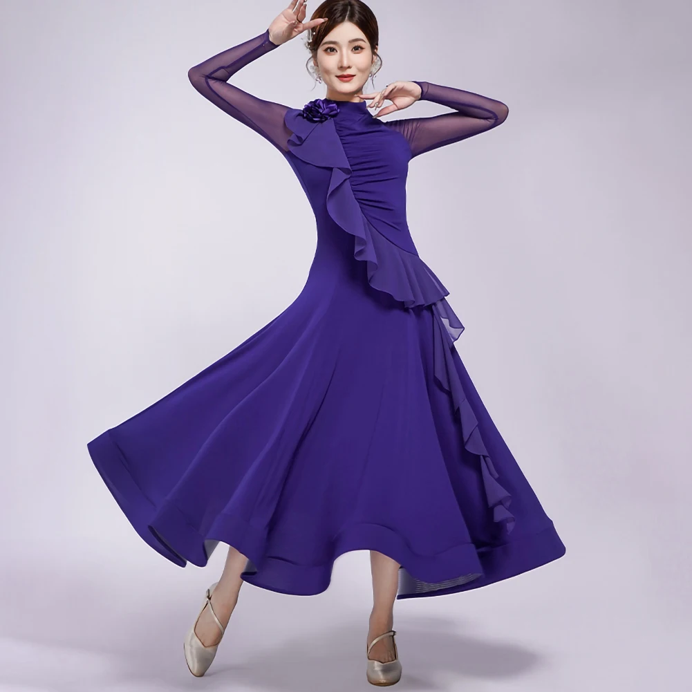 

Новое платье фиолетового цвета для соревнований по бальным танцам, вальсу, черное женское платье с рюшами для выступлений, женское элегантное утягивающее сетчатое платье