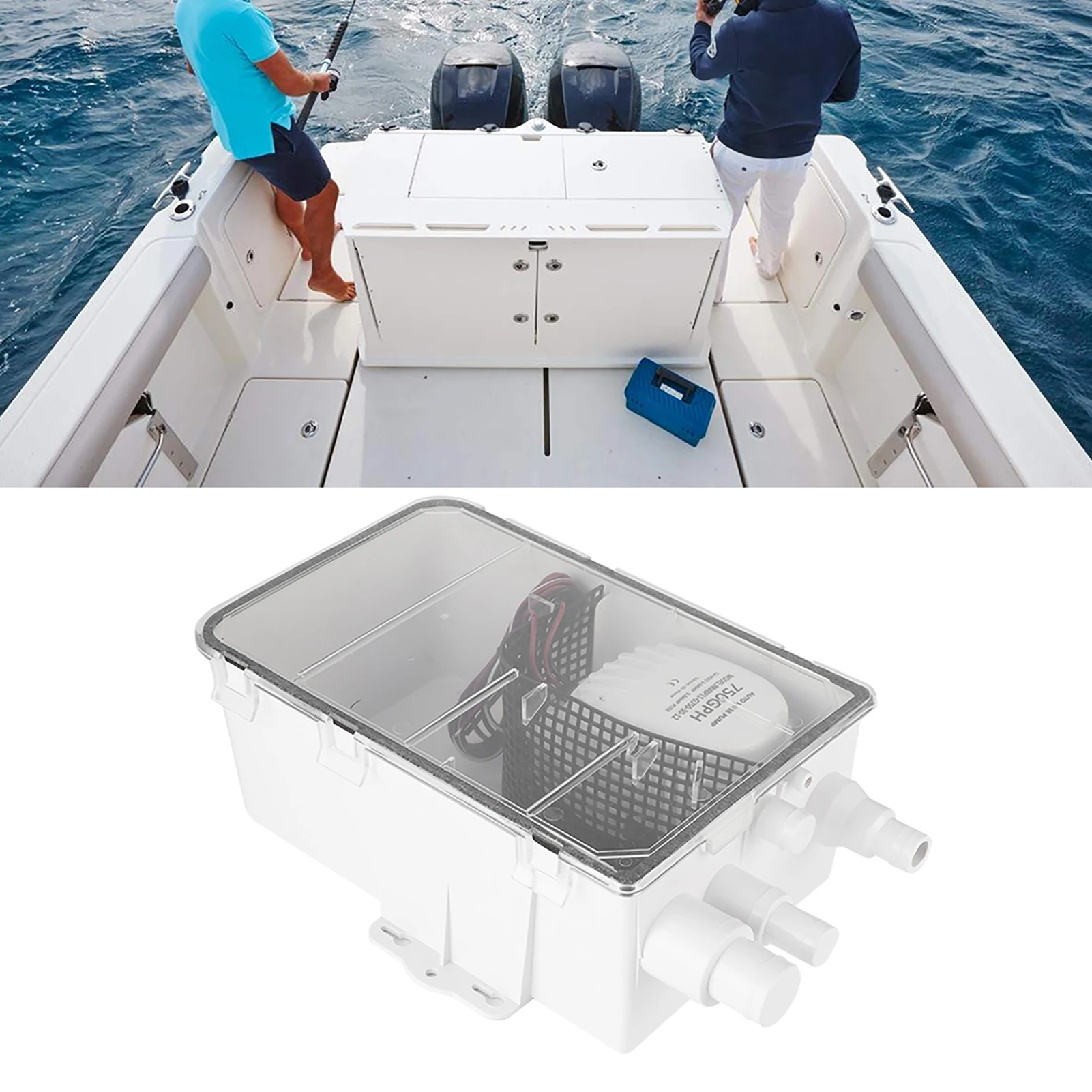

Shower Sump Pump 12V/24V 750GPH Shower Sump Pump Automatic Bilge Drain Box Multi Inlet for Marine Boat Yacht G750‑01