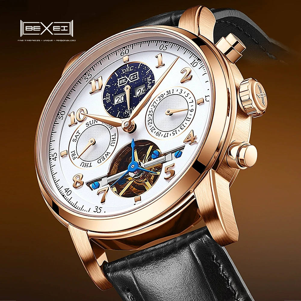 

BEXEI 2025 Perpetual Calendar Automatic Watch Waterproof Mens Watches Top Brand Luxury Tourbillon Mechanical Watches for Man
