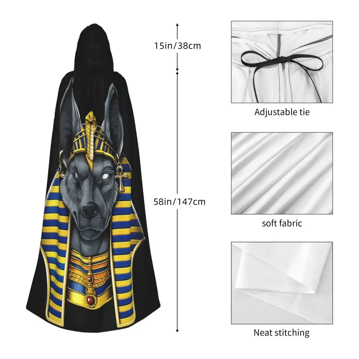 Egyptian God Anubis Long Hooded Cloak Witch Medieval Costume Cosplay Cape HalloweenCoat Adult Unisex