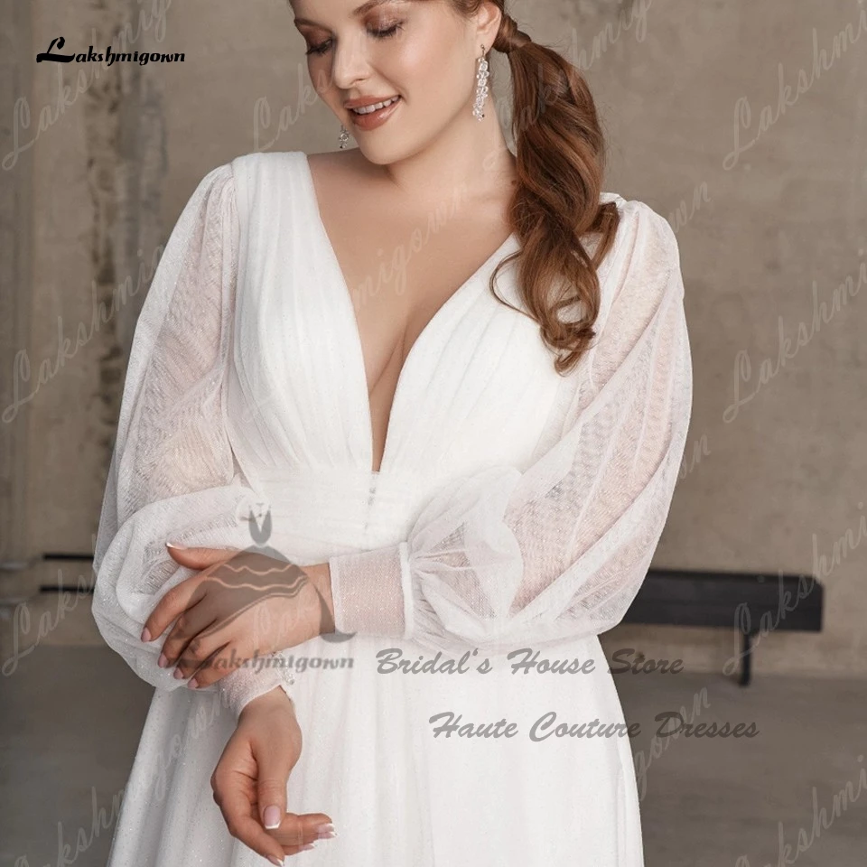 Yanshmigown-Robe de mariée de plage à manches longues pour femmes, grande taille, patients gonflés plongeants, ligne A, tulle, mariage, quoi que ce soit, 2023 Abito Sposa