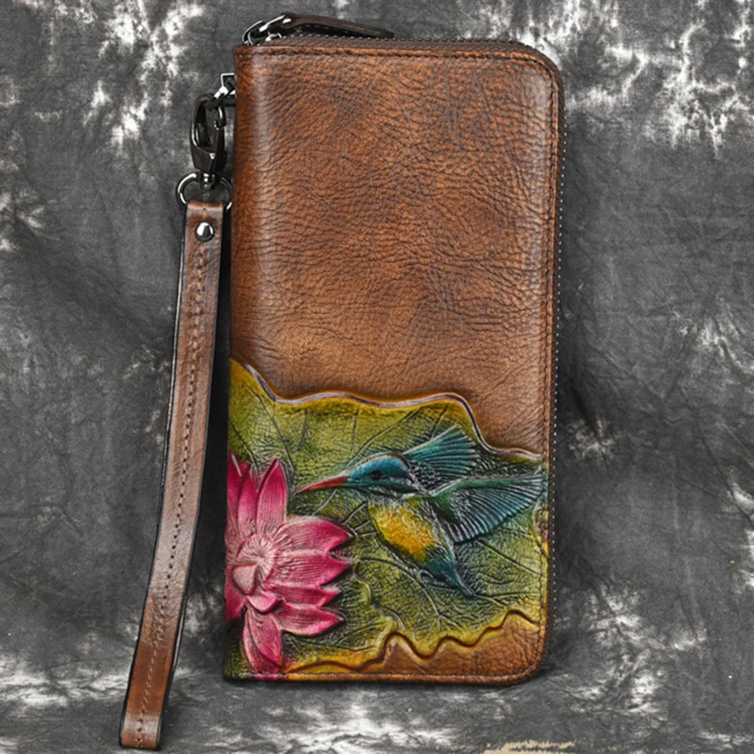 Women Long Wallet Money Clutch Wrist Bags Handy Zipper Bag Cards Holder Bird Flower Vintage Female Genuine Leather Purse