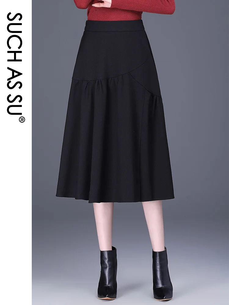 

SUCH AS SU New 2023 Twill Knit Ankle-Length Skirts Women Black Gre High Waist A-Line Skirt S-3XL Size Fall Winter Skirt Female