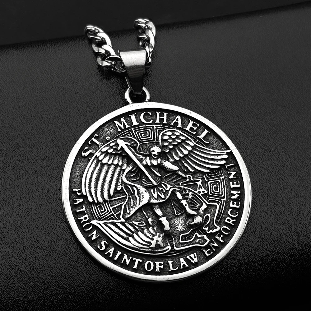 Archangel St.Michael Protect Us Pendant Necklace for Women Men Stainless Steel Saint Chain Biker Boyfriend Gift Jewelry