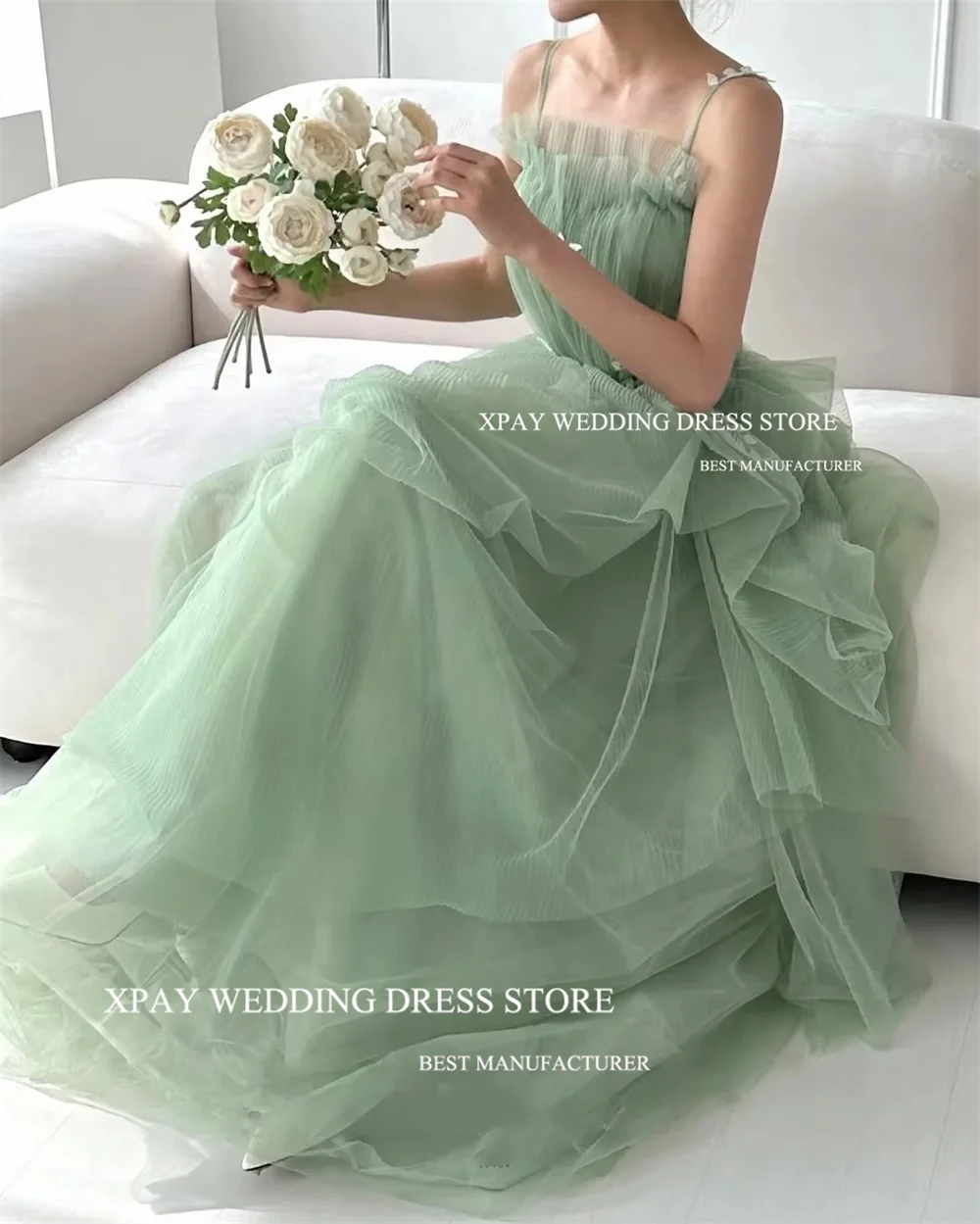 

XPAY Спагетти на бретельках Сага Зеленые плиссированные корейские вечерние платья Фотосессия Многоуровневое драпированное свадебное платье для фотосессии невесты