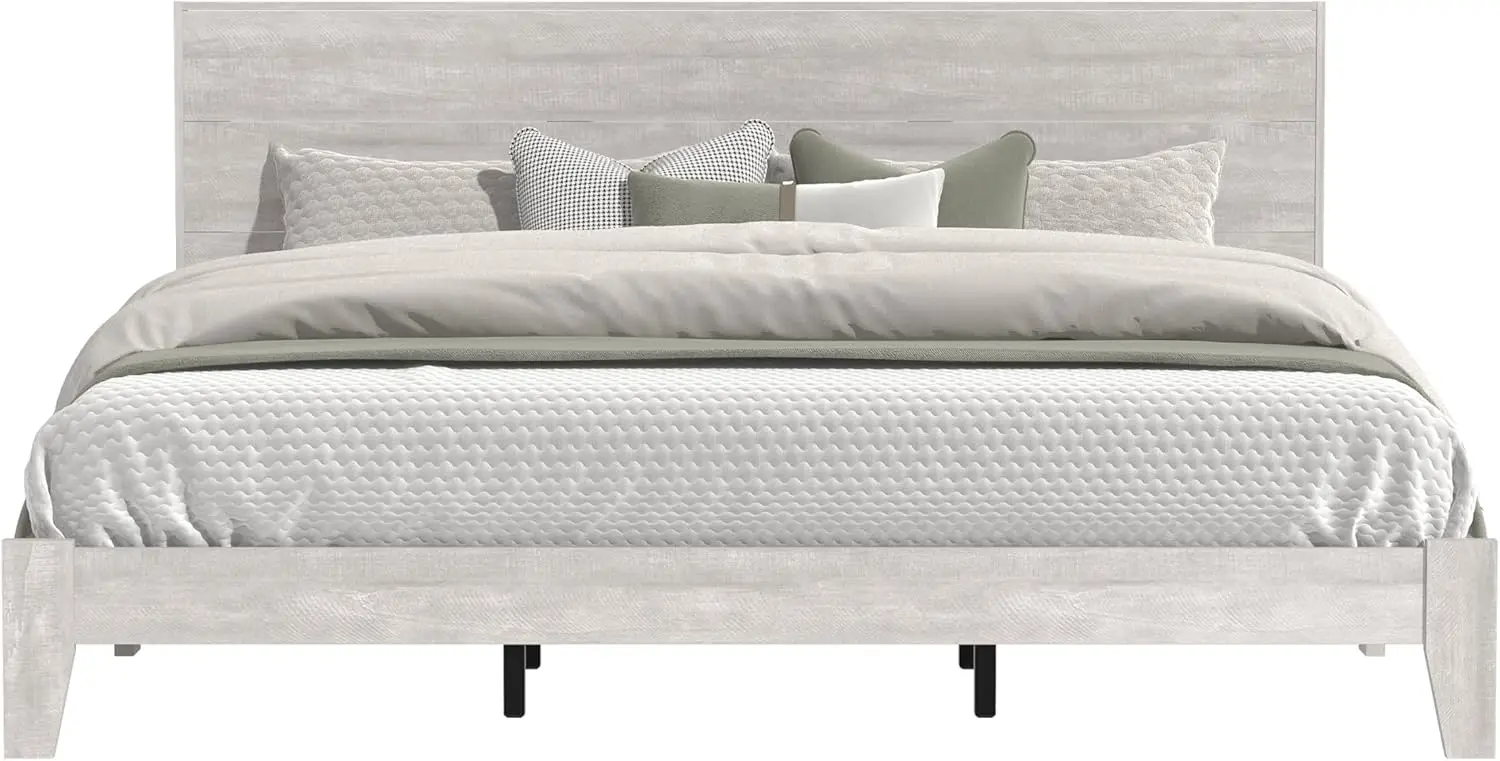 Estrutura de cama king com plataforma de madeira Galano Payne com cabeceira, cabe em base de colchão de 76 ''X 80 '' com suporte de ripas de madeira, sem caixa