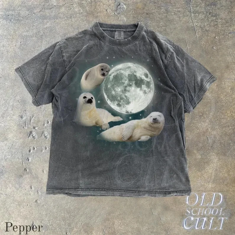 Three Baby Seal Vintage Graphic T-shirts, Retro Sea Dog Moon Tshirt, Seal Lovers