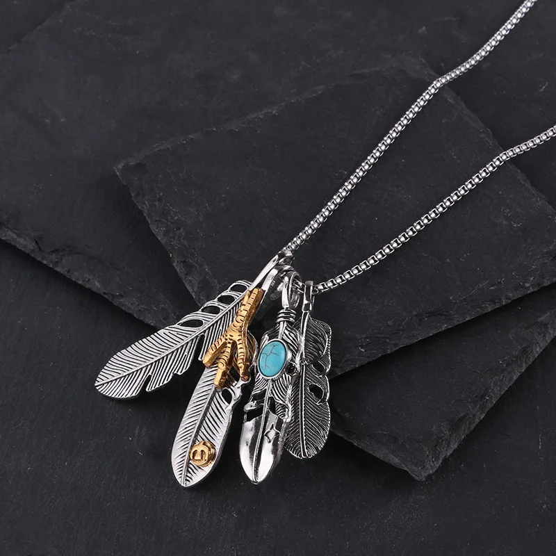 Vintage Feather Eagle Claw Pendant Necklaces Men Boho Antique Silver Color Leaf Long Necklace For Women Summer Beach Jewelry