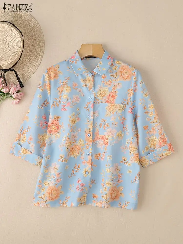 ZANZEA Bohemian Bloemenprint Shirts Vrouwen 3/4 Mouw Casual Losse Blouse 2025 Mode Herfst Vintage Tuniek Tops Oversized Blusas