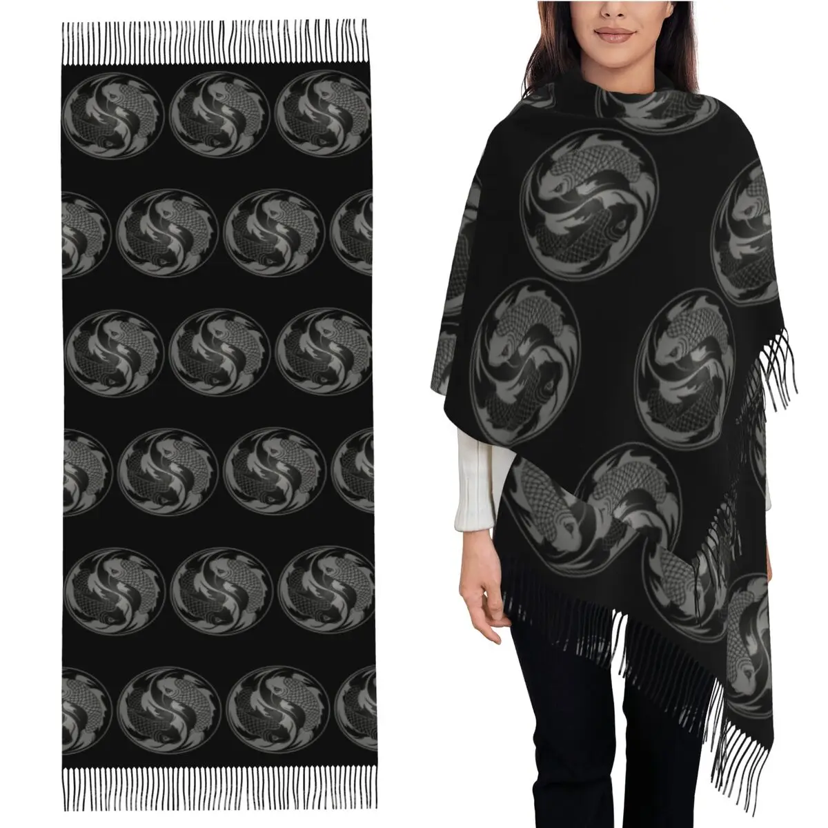 

Gray And Black Yin Yang Koi Fish Scarf Tassel Scarves for Women Soft Warm Shawls and Wraps Large Fall Winter Shawl Wrap