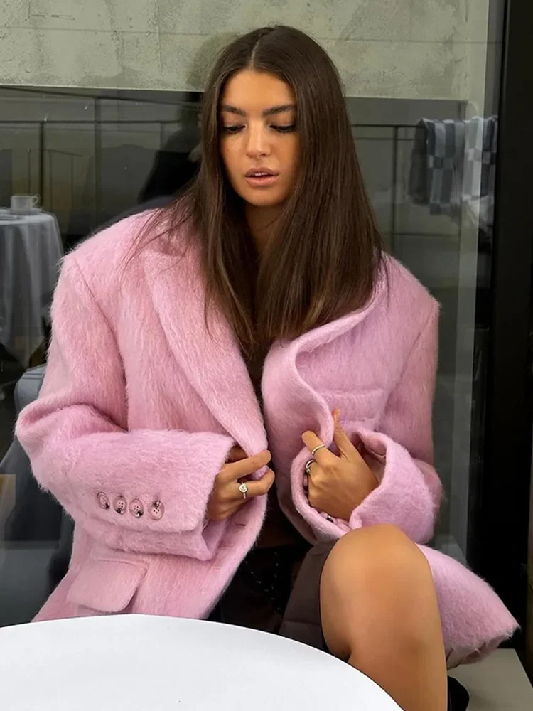

Chic Shoulder Pad Pink Winter New Woolen Overcoat Women Full Sleeve Single Breasted Lapel Coat Lady Autumn Street Outwear 2025