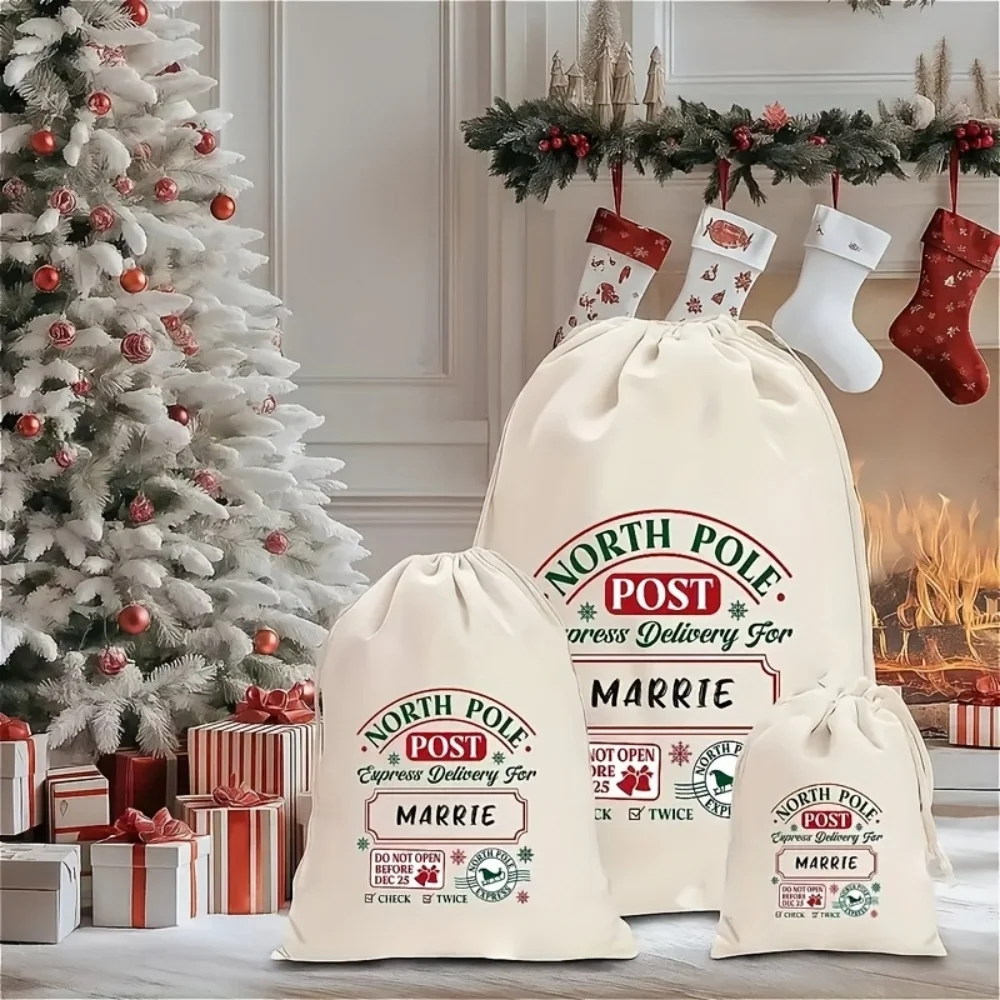 1Pc Personalized Custom Name/Text Christmas Imitation Hemp Gift Bag,Xmas Pattern Drawstring Closure Storage Bags,Party Candy Bag