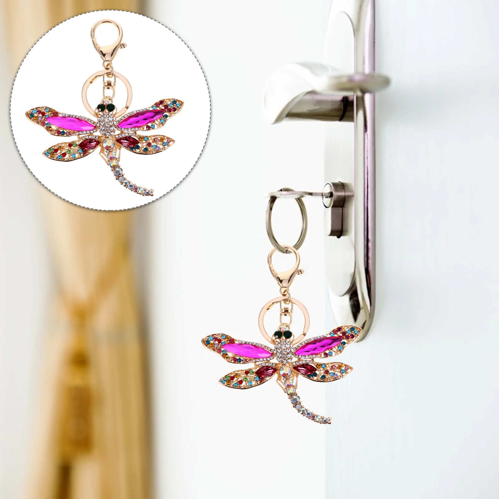 1Pc Creative Dragonfly Keychain Zinc Alloy Keychain Rhinestone Inlaid Keyring Alloy Dragonfly Keychain