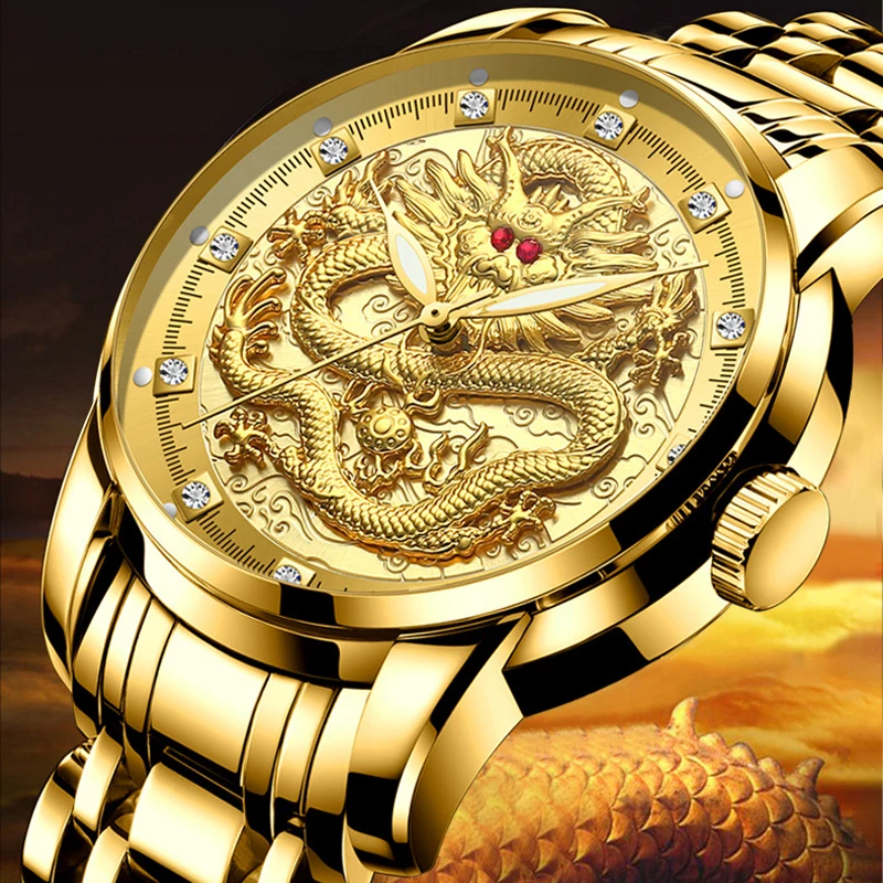 Fashion Quartz Men Watch Golden Mens Watches Top Brand Luxury Waterproof Stainless Steel Dragon Clock Male Relogio Masculino