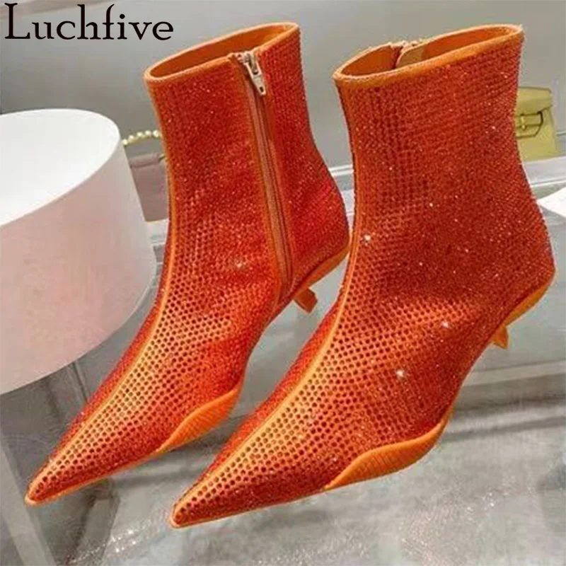 Luxury Slim Chelsea Ankle Boots Women Rhinestones Pointy toe kitten heel Boots Autumn Sexy Fashion Week Brand Crystal Boots 2023