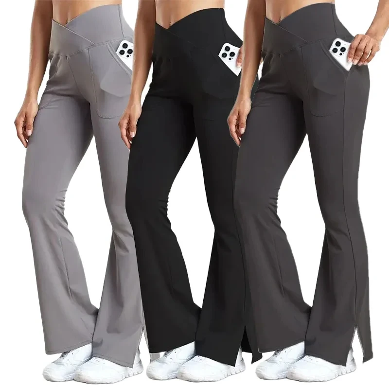 Women Yoga Flare Pants with Pockets Crossover Waist Sports Legging Butt Lift Workout Tights Split Hem Leggings Activewear