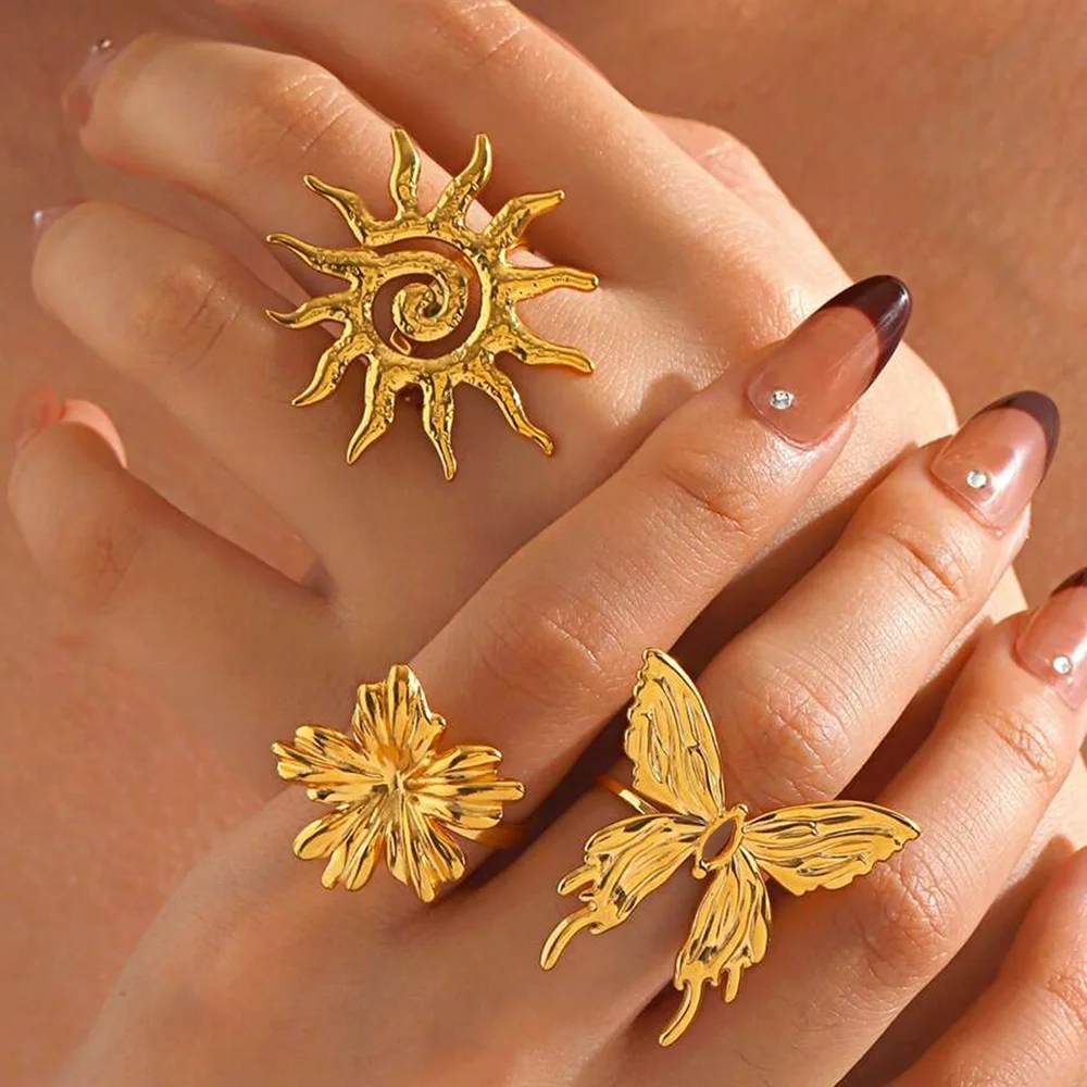 Stainless Steel Flower Butterfly Spiral Sun Open Ring Set Three-Piece Set For Men And Women Fashionable Commuter Finger Jewelry