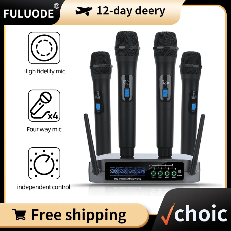 

Professional VHF Wireless Microphone System 4 Channel Handheld Karaoke Microphone for Home Party Church Event TV Speaker