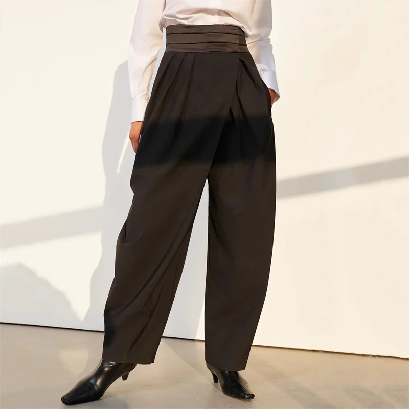 

Women's pants New Asymmetric slim fit straight leg pants for the summer of 2026 Satin patchwork women's suit pants casual pants