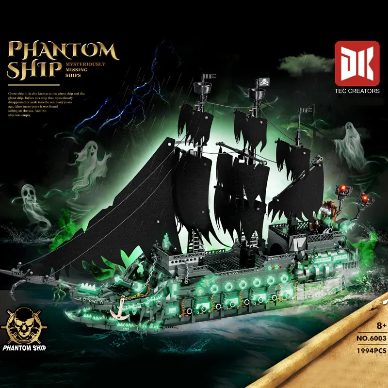 

1994PCS Caribbean The Flying Dutchman Pirate Ship Building Blocks Creative Movie Sailboat Model with Lighting DIY Toy Kids Gifts