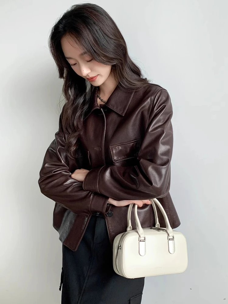 Casual Genuine Leather Cropped Jackets for Women Spring Autumn 2025 New High-end Simple Soft Oil Wax Real Sheepskin Coat