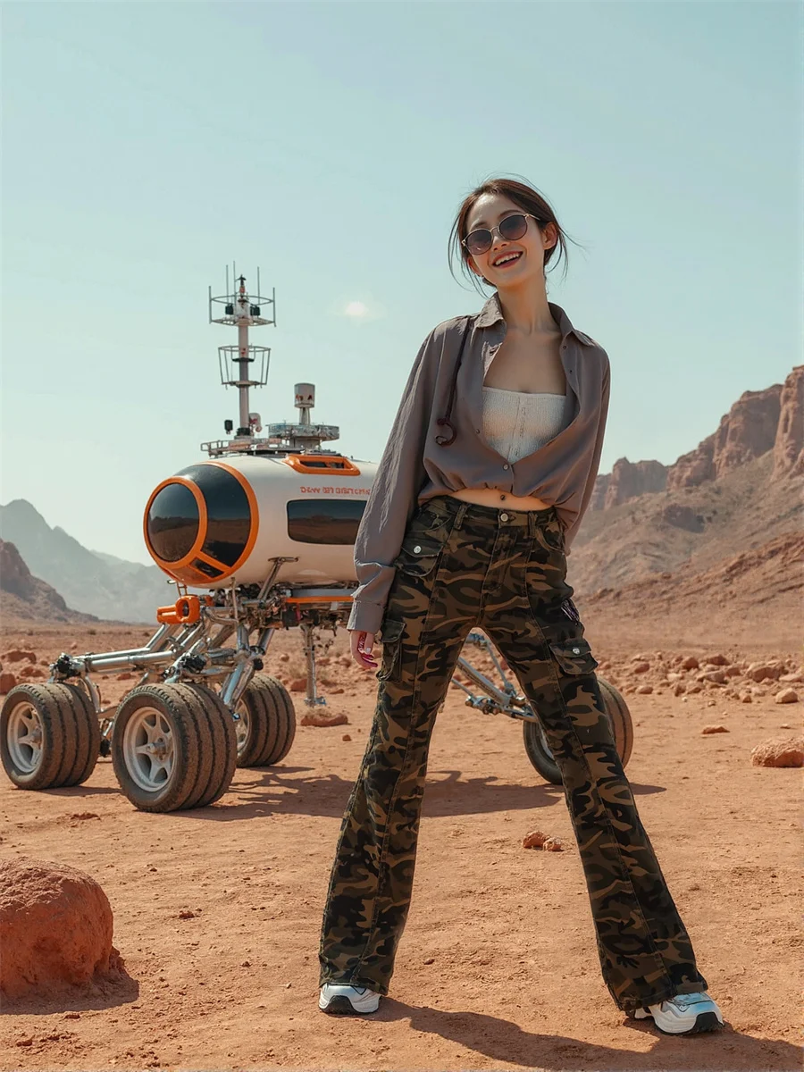 جينز نسائي ضيق مموه على الأرض بخصر عالٍ مطوي فضفاض واسع الساق عتيق مرقع مطرز جيوب أنيق