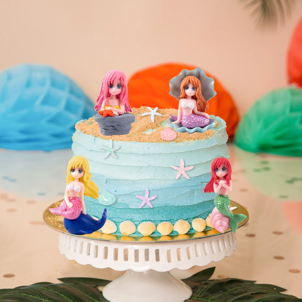 Mermaid Cake Topper Mermaid Doll Figurines Mermaid Tail Shell Starfish Cake Decorations Under the Sea Girls Birthday Party Decor view 2