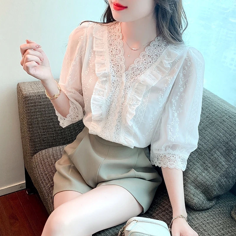 Summer New Lace V-Neck White Blouse Shirt Short Sleeve Blouse Women Blusas Mujer De Moda 2024 Verano Women Tops Blouses G471