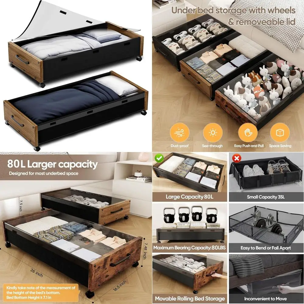 

2-Pack Wooden Underbed Storage Boxes with Wheels and Clear Lid, Large for Shoes, Clothes, and Toys (36L Walnut)