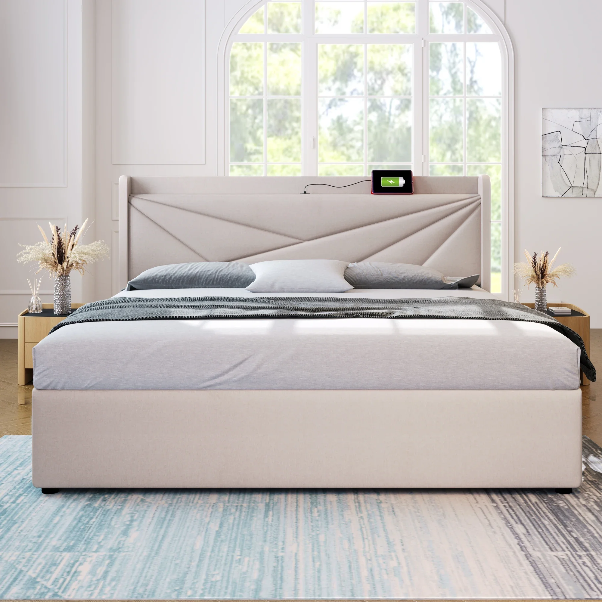 VSOGA Upholstered Double Storage Bed 180x200 cm, USB Type-C Charging, Slatted Frame