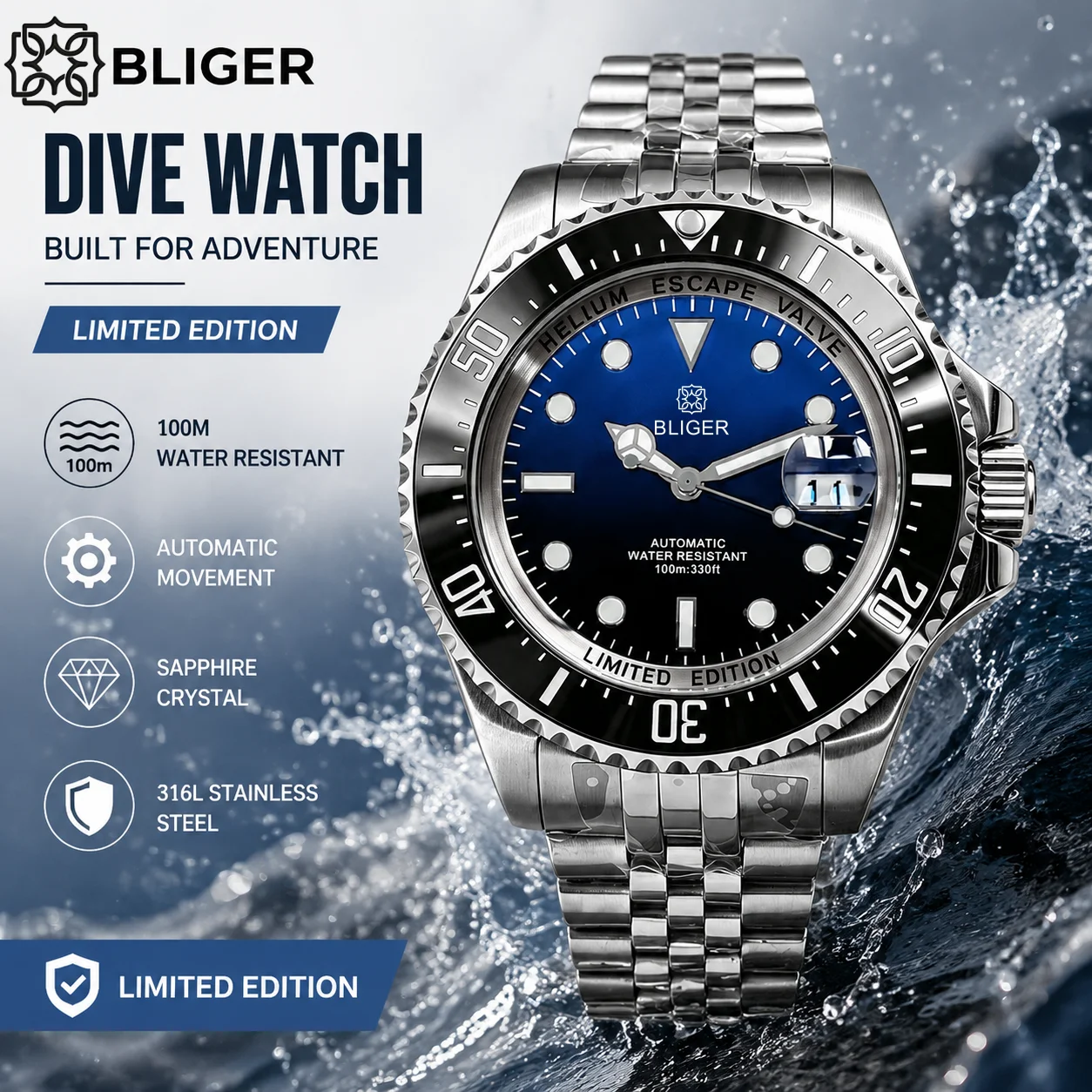 BLIGER Blue SEA Dial DEEP Diving Men Mechanical Watch Sapphire Glass Jubilee Bracelet 43mm NH35A PT5000 Automatic Watch For Men