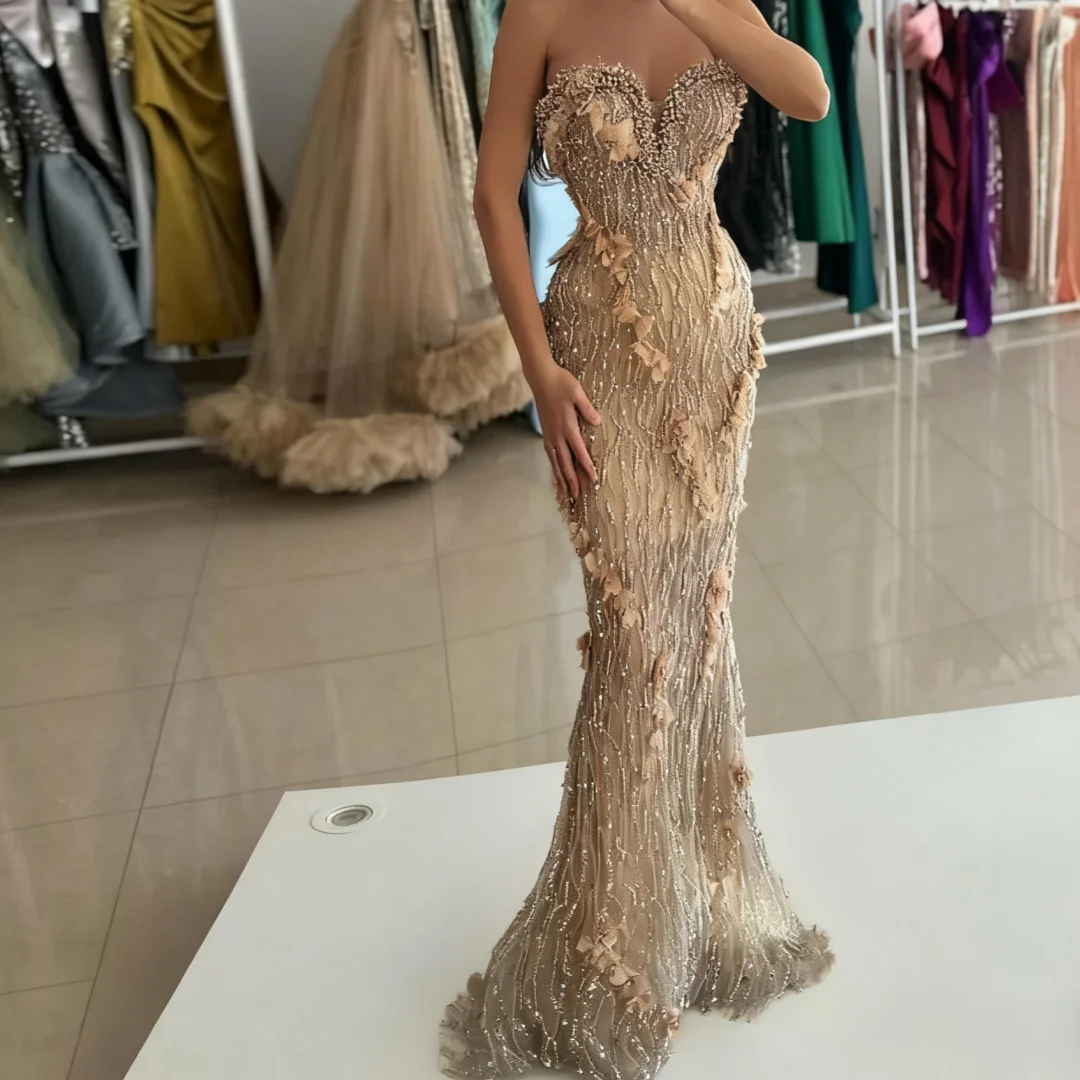 

Luxurious Mermaid Evening Dress Sweetheart Lace Appliques Beads 3D Flowers Lace Birthday Party Prom Gowns Customized