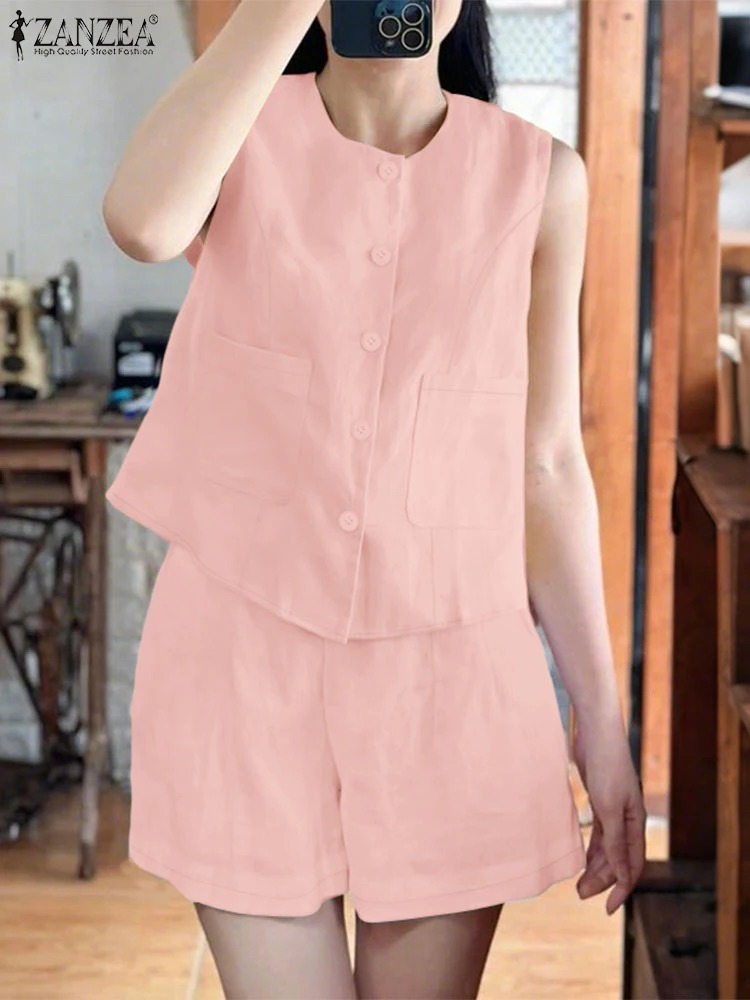 

ZANZEA Fashion Summer Short Sets Two Piece Sets Women Outfits Elegant Sleeveless Tanks Tops Pant Suit Solid Tracksuits Oversize