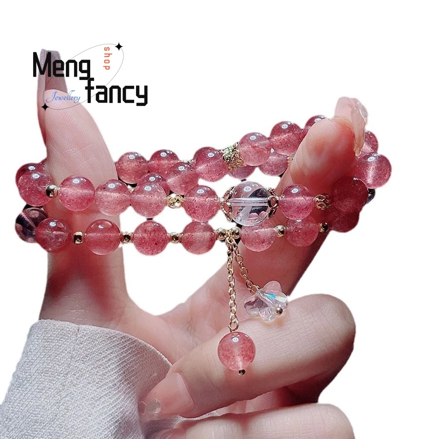 Simple Temperament Double Circle Strawberry Crystal Bracelet Female Summer White Crystal Lucky Beads Butterfly Tassel Jewelry