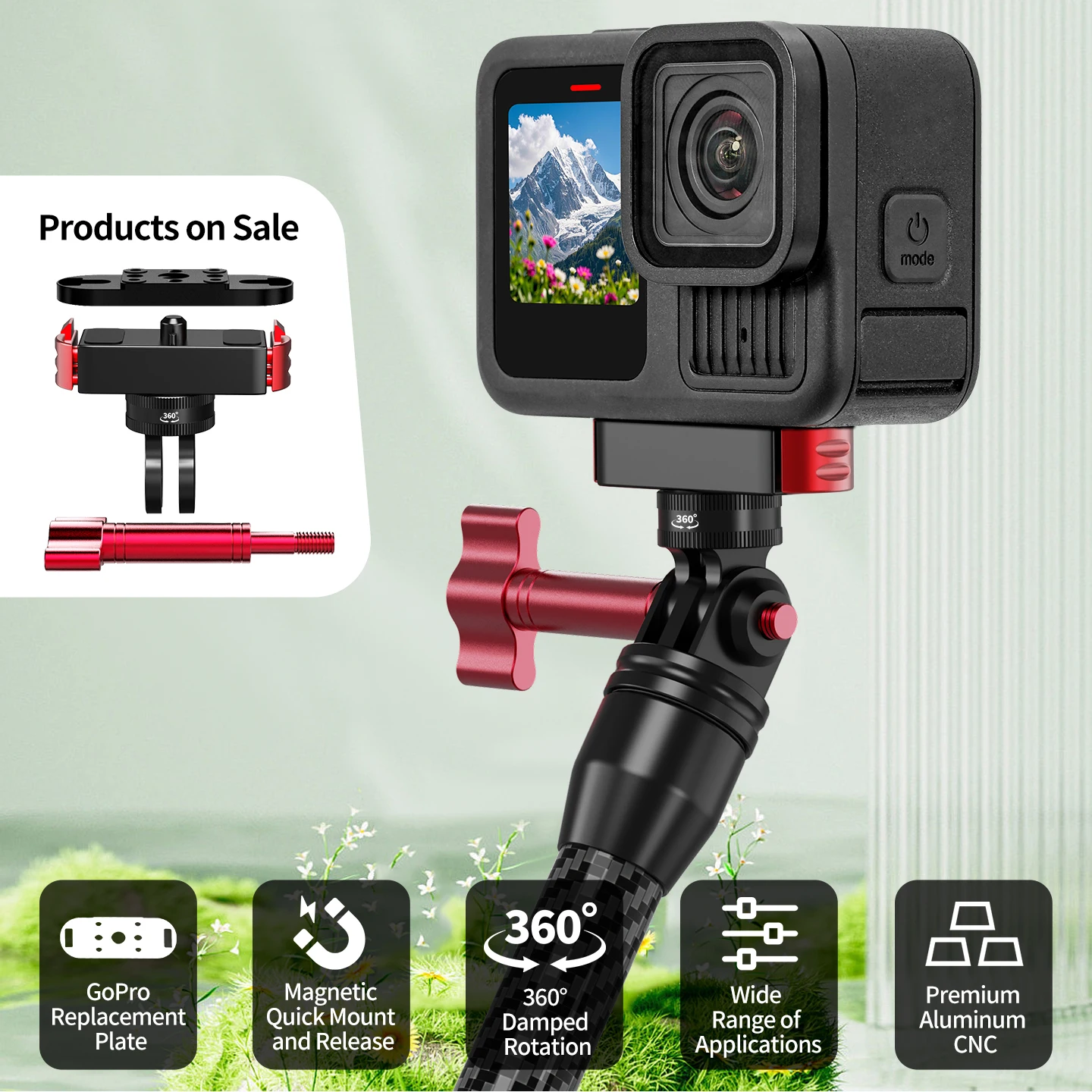 Aluminium-Magnet-Adapter mit Schnellverschluss für GoPro Hero 8-13 360° Dämpfungsrotation Doppelschnalle 1/4" Schraubkamerahalterung – Detail 2