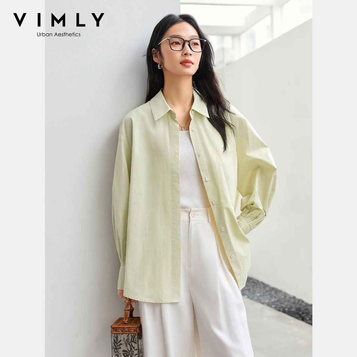 

VIMLY Women's Shirts Green Vintage Pleated Sleeve Design Shirt Women's 2025 Spring New Loose Cotton Top A0100